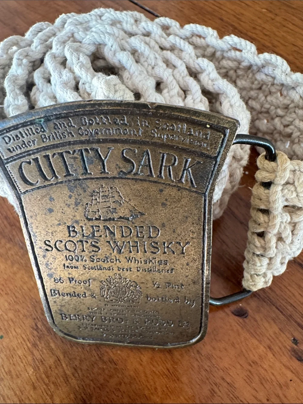 Rare Vintage Cutty Sark Scottish Whiskey Brass Buckle on Cotton/Jute Belt